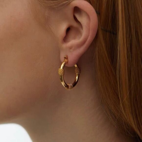 18K Gold Plated Weaved Detail Hoop Earrings - Picture 6 of 7